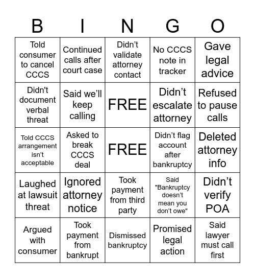 BAD ADVICE BINGO – Legal Edition Bingo Card
