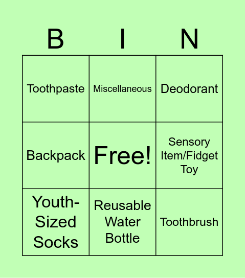 School Supply Drive Bingo Card