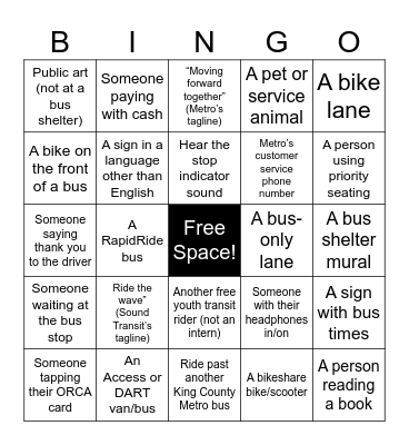 Bus Ride Bingo Card