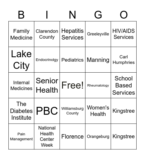 National Health Center Week Bingo Card