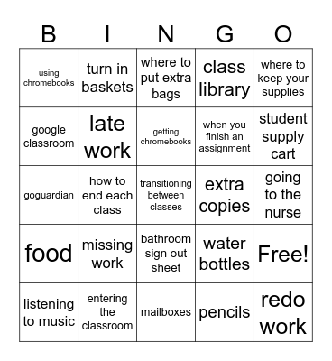 Expectations & Procedures Bingo Card