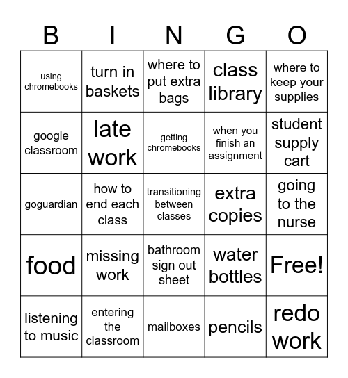 Expectations & Procedures Bingo Card