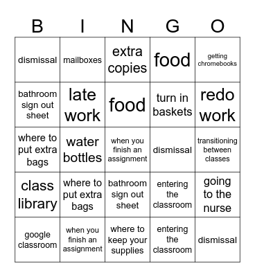 Expectations & Procedures Bingo Card