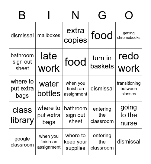 Expectations & Procedures Bingo Card