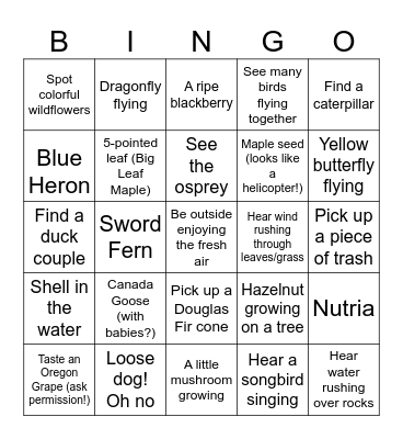 Eugene Science Center Nature Walk BING Bingo Card