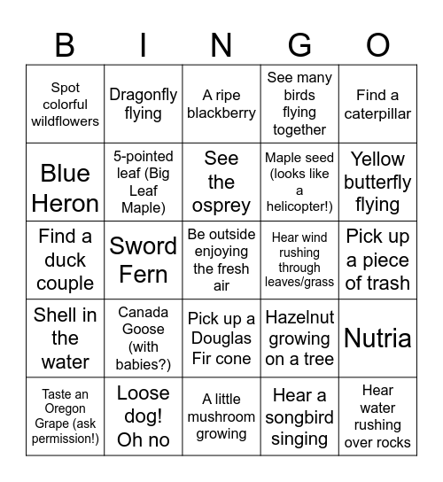 Eugene Science Center Nature Walk BING Bingo Card