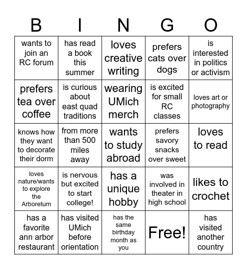 RC Orientation Bingo!!! Bingo Card