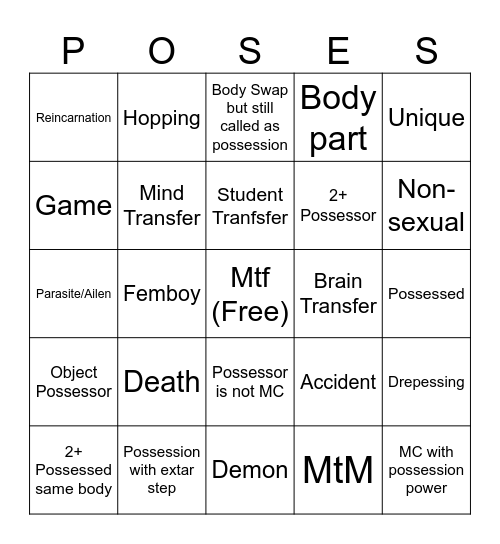 Possession Lover Bingo Card