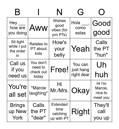 Marcie Catchphrases :3 Bingo Card
