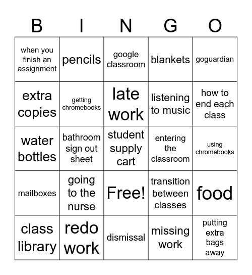 Expectations & Procedures Bingo Card