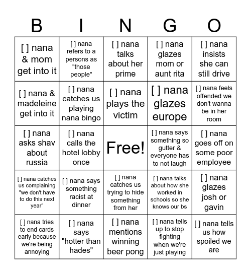 Nana Bingo Card