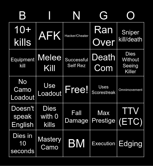 Warzone Bingo Card
