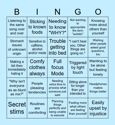 Late Diagnosed Adult Autistic Bingo Card