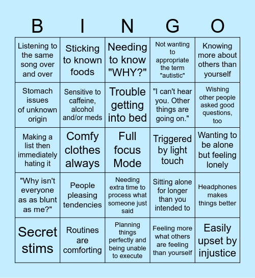 Late Diagnosed Adult Autistic Bingo Card