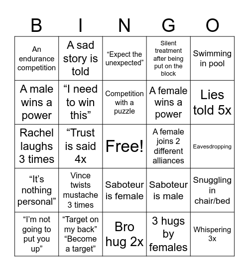 Big Brother Bingo Card