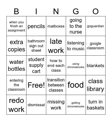 Expectations & Procedures Bingo Card