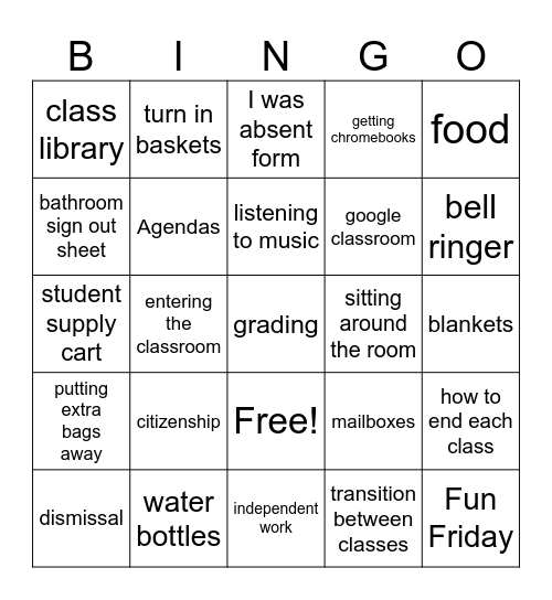 Expectations & Procedures Bingo Card