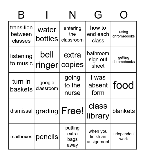 Expectations & Procedures Bingo Card