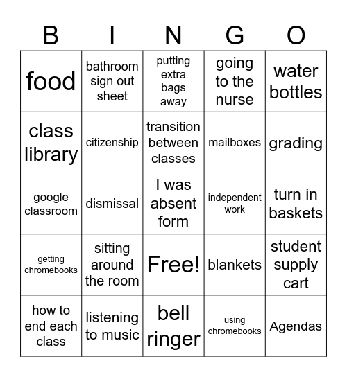 Expectations & Procedures Bingo Card