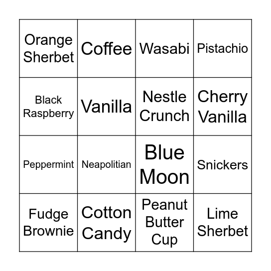 ICE CREAM FLAVORS Bingo Card