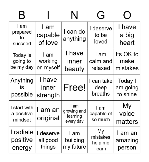 Positive Affirmation Bingo Card