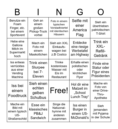 USA visit Bingo Card