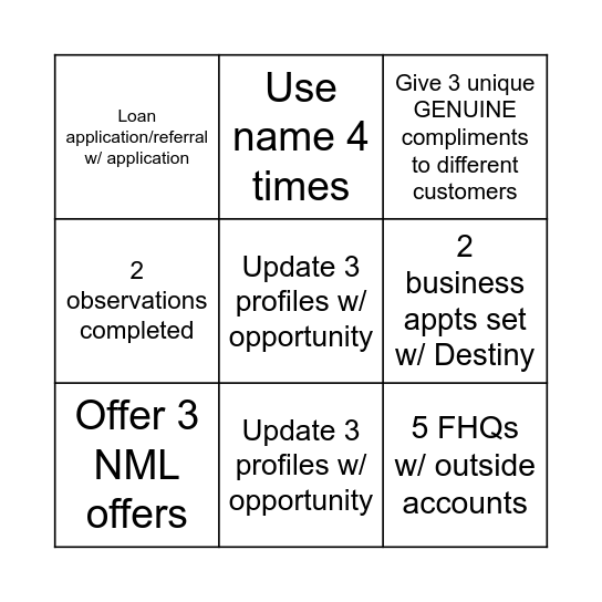 Service Bingo Card