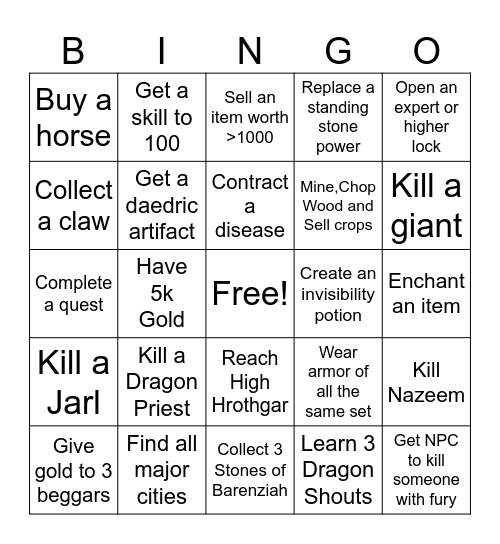 Skyrim Randomizer Bingo Card