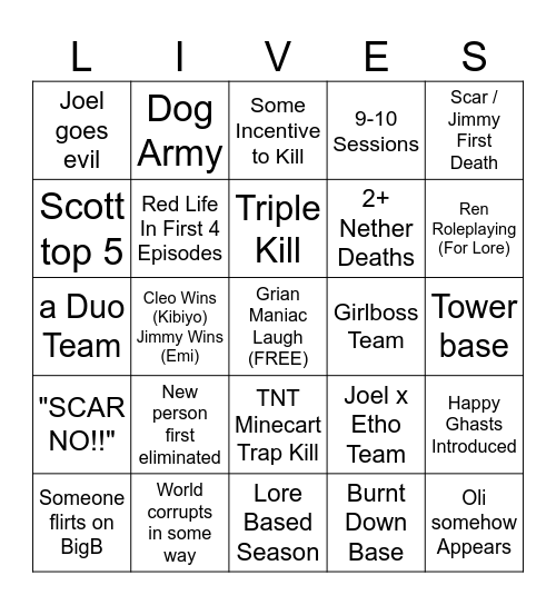 Life Series Bingo Card