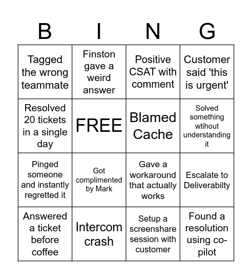 Support Bingo Card