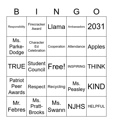 7th Grade BINGO Card