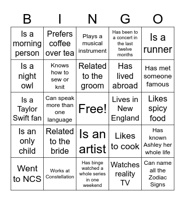 Bridal Shower BINGO Card