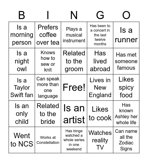 Bridal Shower BINGO Card