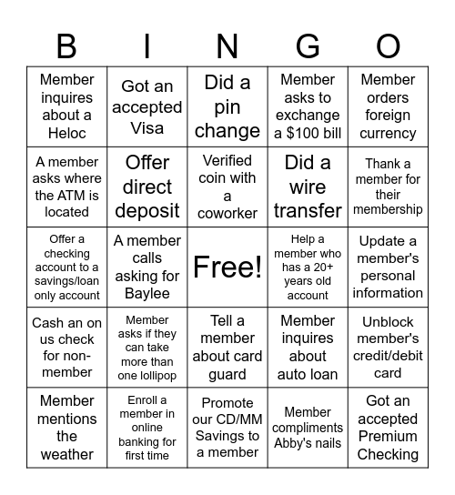 Credit Union Bingo Card