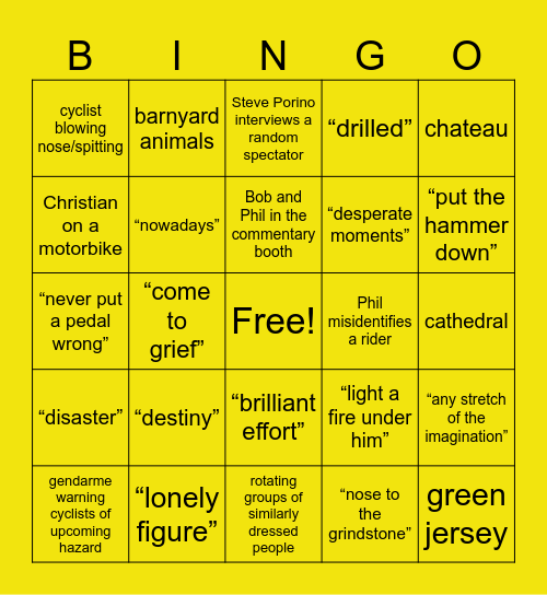 Tour de France Bingo Card