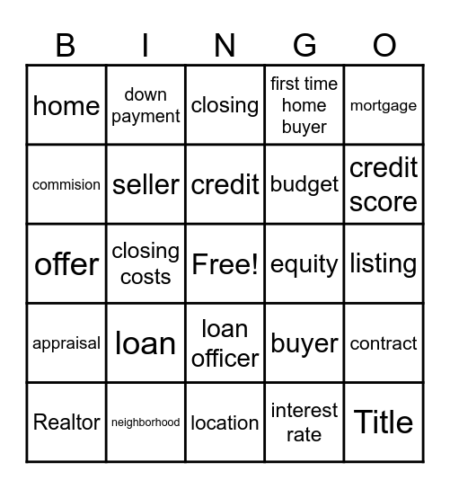 First Time Home Buyer's Bingo Card