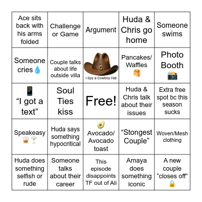 Love Island S7, E34 Bingo Card