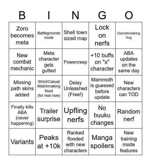 Update 6 Bingo Card