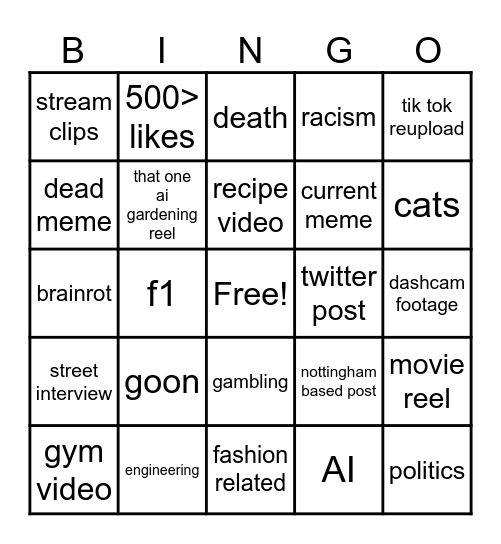 Instagram reel bingo Card