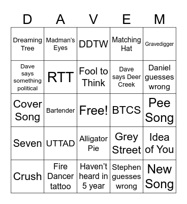DMB Deer Creek Pit Bingo Card