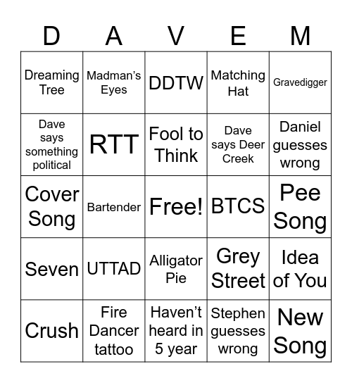 DMB Deer Creek Pit Bingo Card