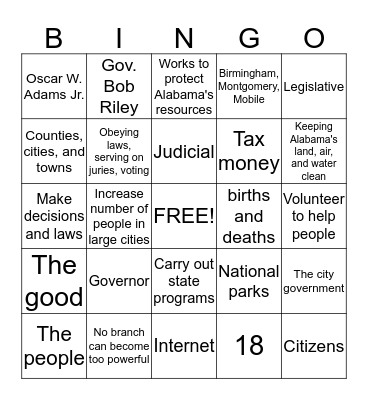 Governing Alabama Bingo Card