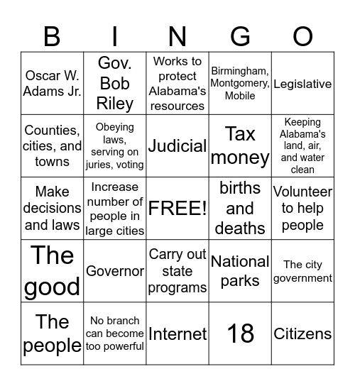 Governing Alabama Bingo Card