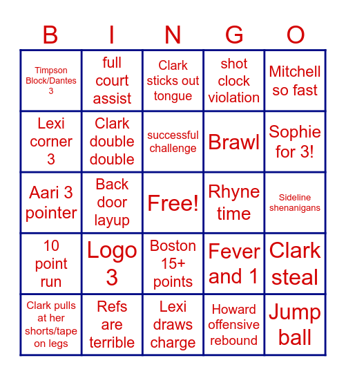 Fever v. Dream 7/11/25 Bingo Card