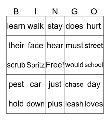 Dog School Bingo Card