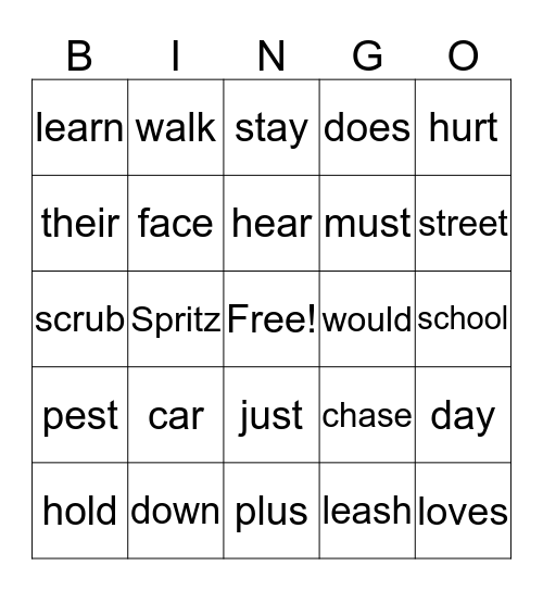 Dog School Bingo Card
