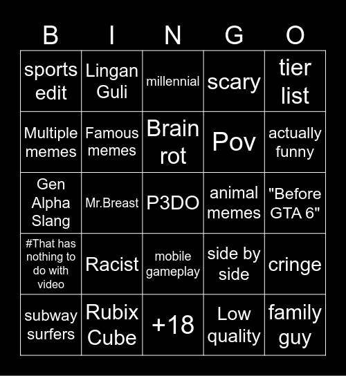 YouTube shorts Bingo Card
