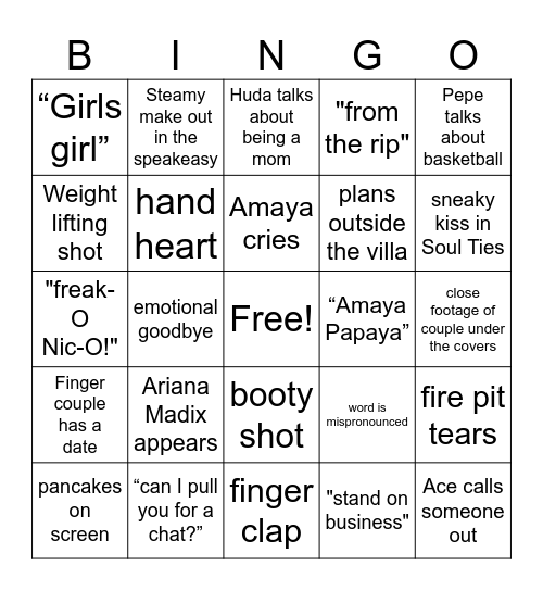 Love Island Bingo Card
