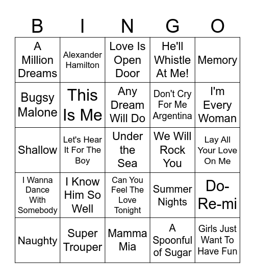 2025 - Musicals Bingo Card