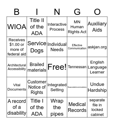 WIOA/ADA BINGO Card